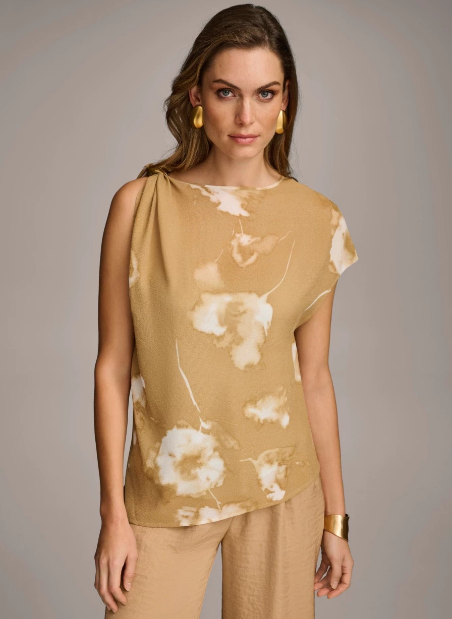 Donna Karan Women's Printed Gathered Top with Hardware Shoulder Detail