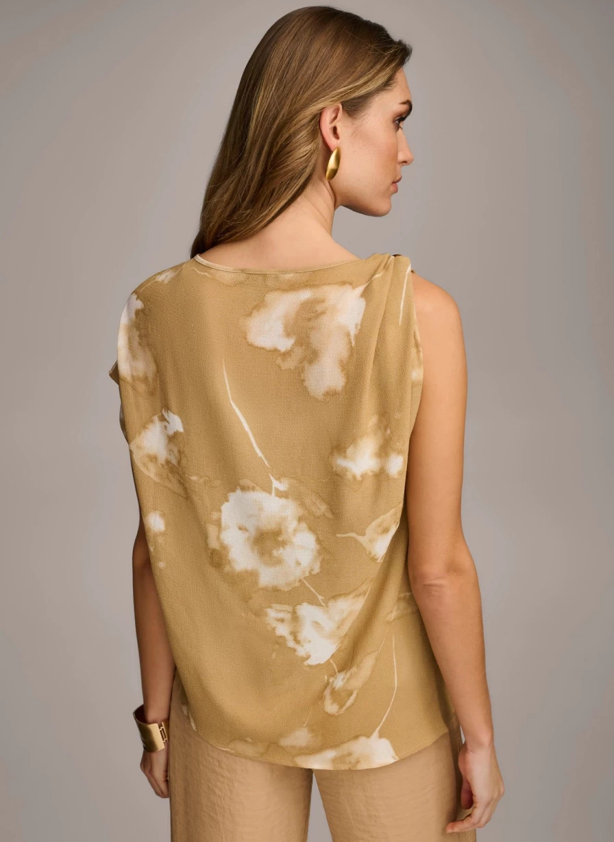 Donna Karan Women's Printed Gathered Top with Hardware Shoulder Detail