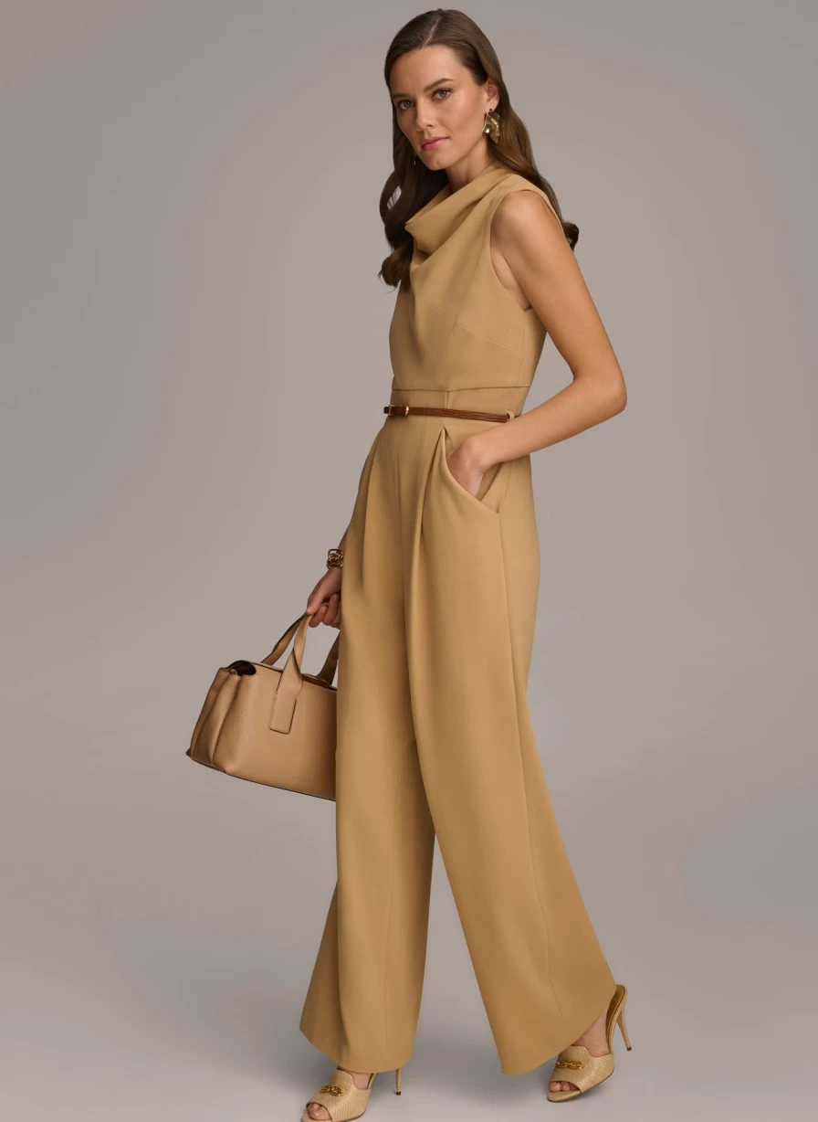 Donna Karan Women's Cowl Neck Belted Jumpsuit with Pockets - Elegant One-Piece Romper