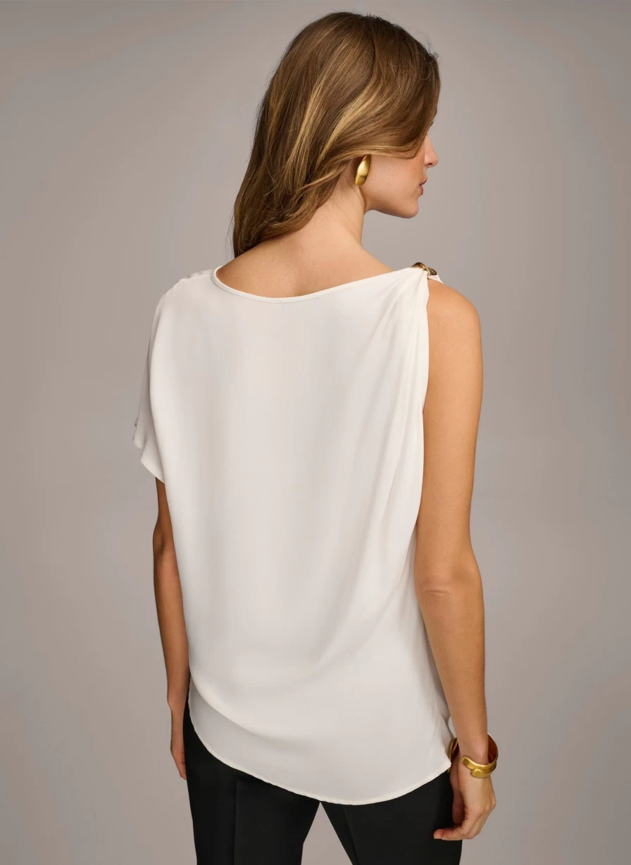 Donna Karan Women's Gathered Shoulder Top with Hardware Details