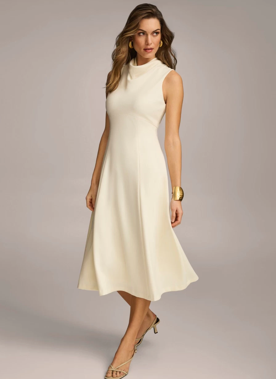 Donna Karan Women's Mock Neck Midi Dress - Elegant Long Sleeve Turtleneck Style