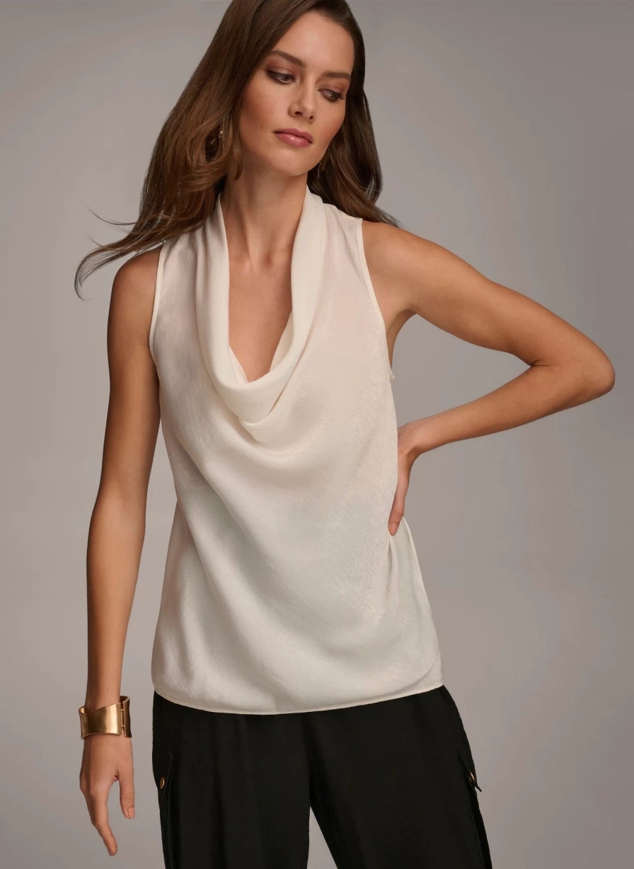 Donna Karan Women's Sleeveless Drape Neck Blouse Elegant Casual Top