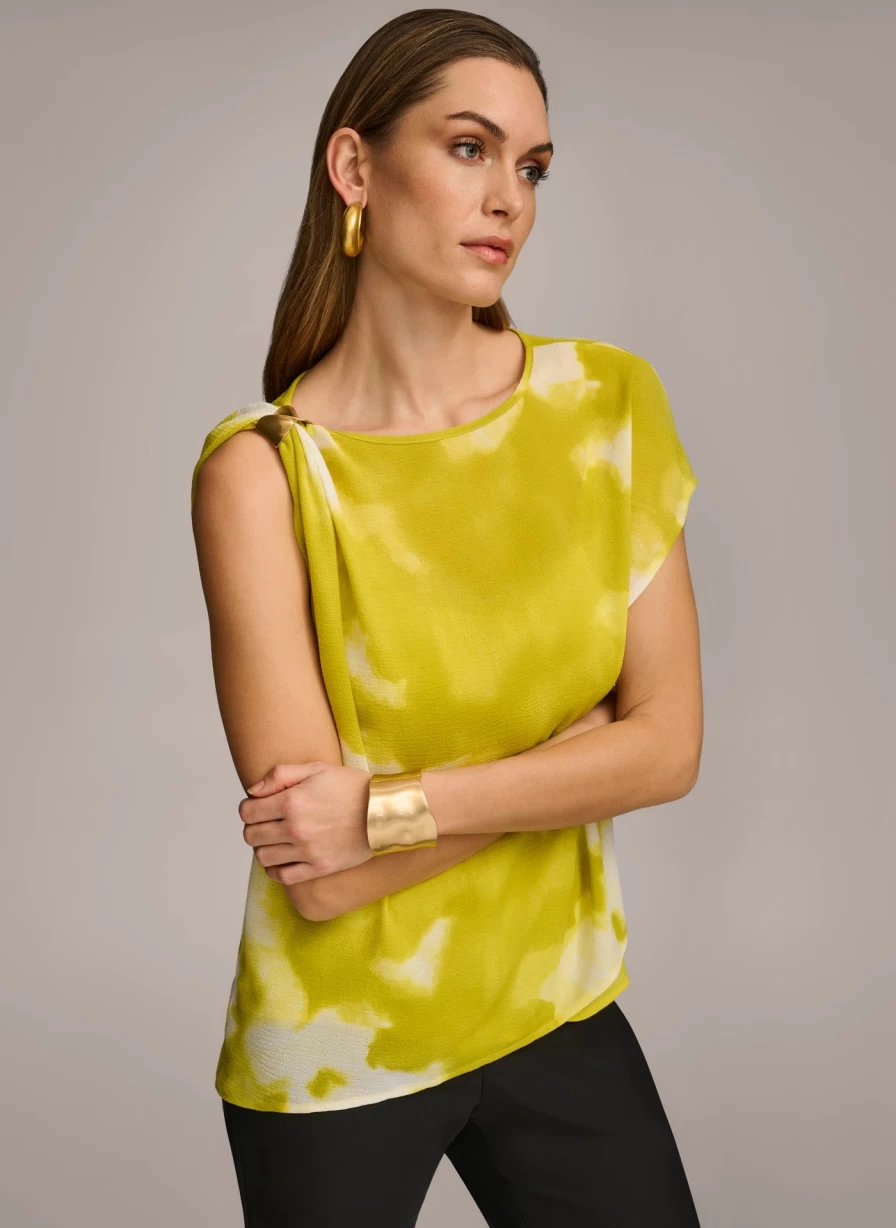 Donna Karan Women's Printed Gathered Top with Hardware Shoulder Detail