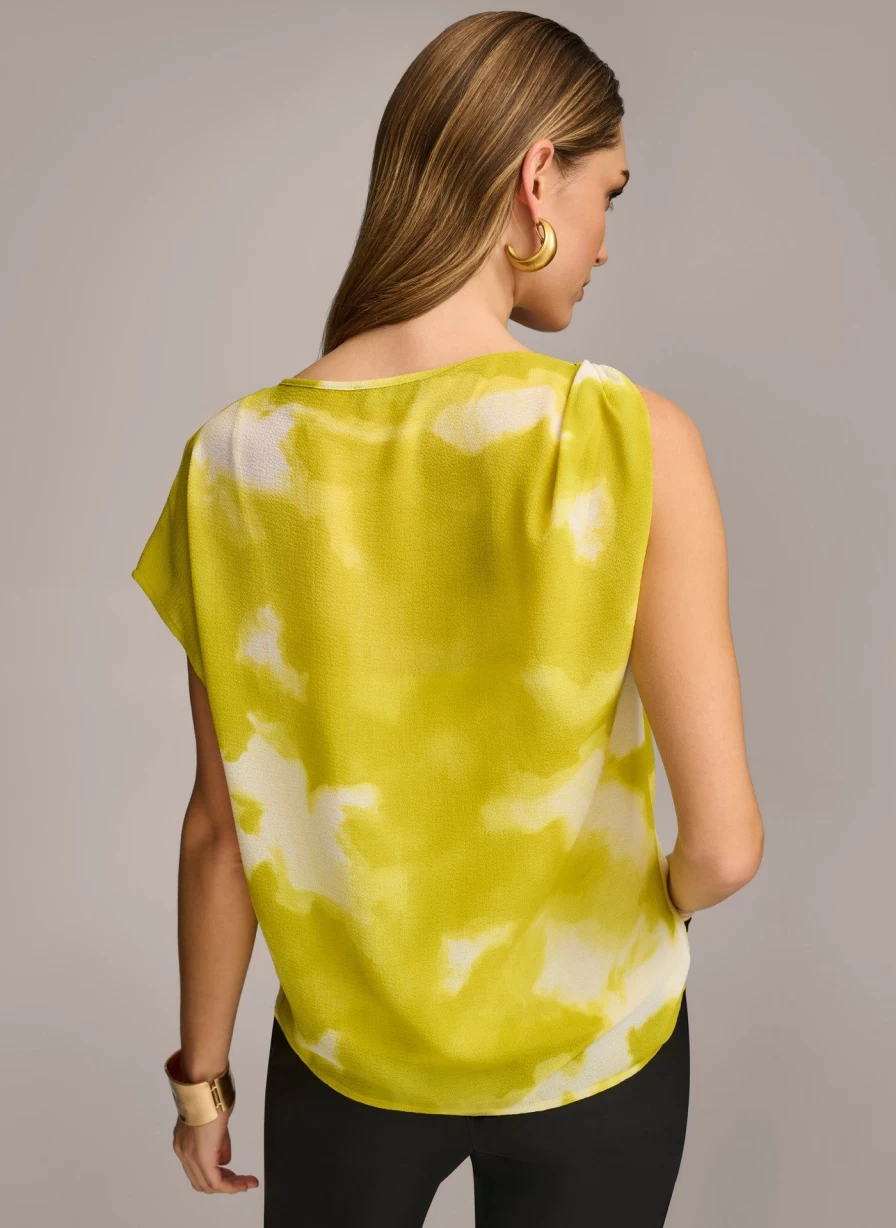 Donna Karan Women's Printed Gathered Top with Hardware Shoulder Detail