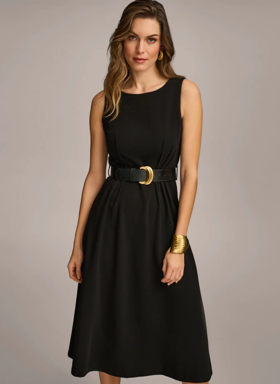 Donna Karan Women's Belted Midi Dress - Elegant Waist-Defining Knee-Length Dress