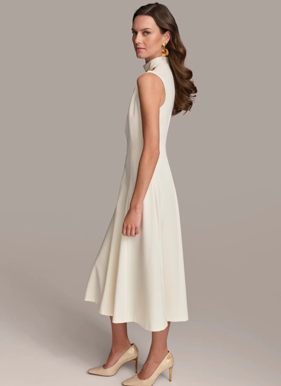 Donna Karan Women's Mock Neck Midi Dress - Elegant Long Sleeve Bodycon Style