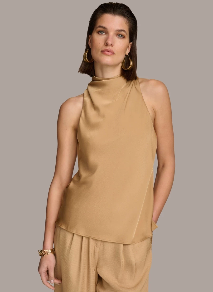 Donna Karan Women's High Drape Neck Top - Elegant Sleeveless Blouse for Women