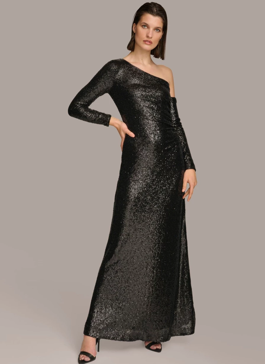 Donna Karan Women's One Shoulder Sequin Evening Dress - Glamorous Party Gown
