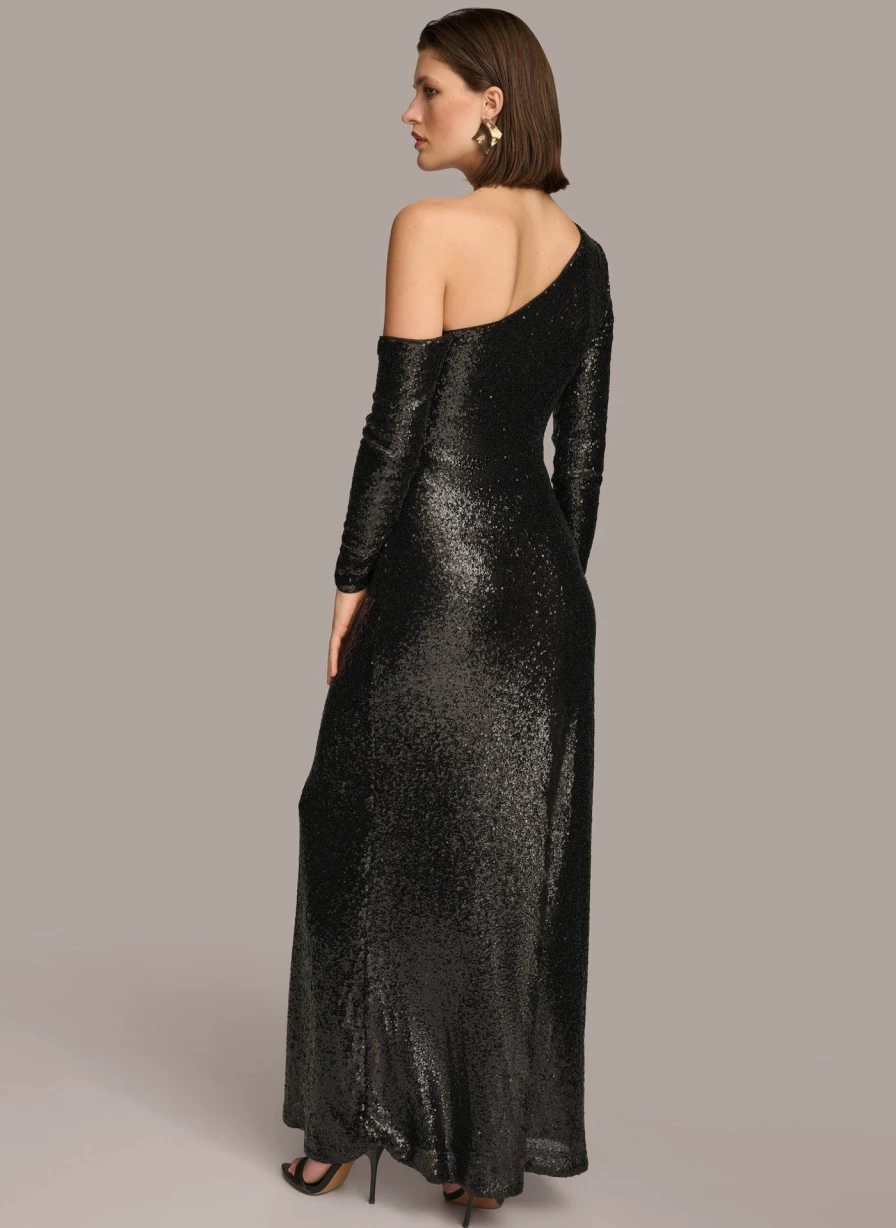 Donna Karan Women's One Shoulder Sequin Evening Dress - Glamorous Party Gown