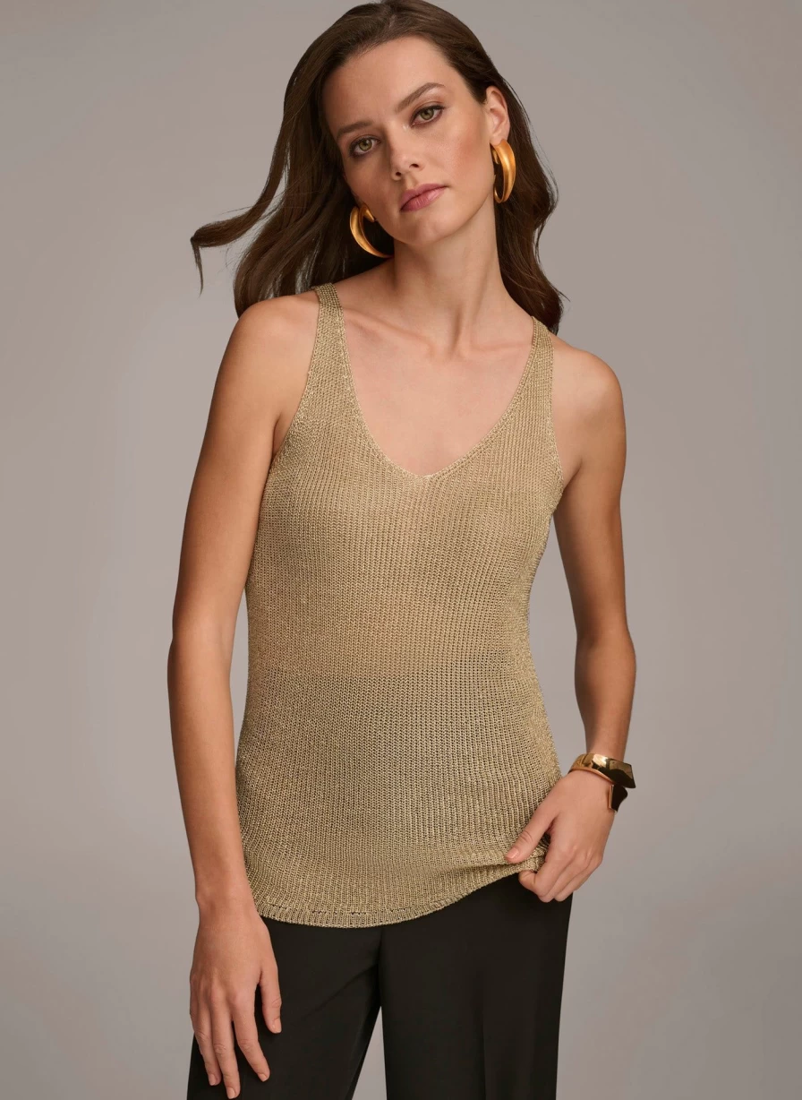Donna Karan Women's Metallic Tank Top - Shiny Fashionable Blouse for Elegant Style