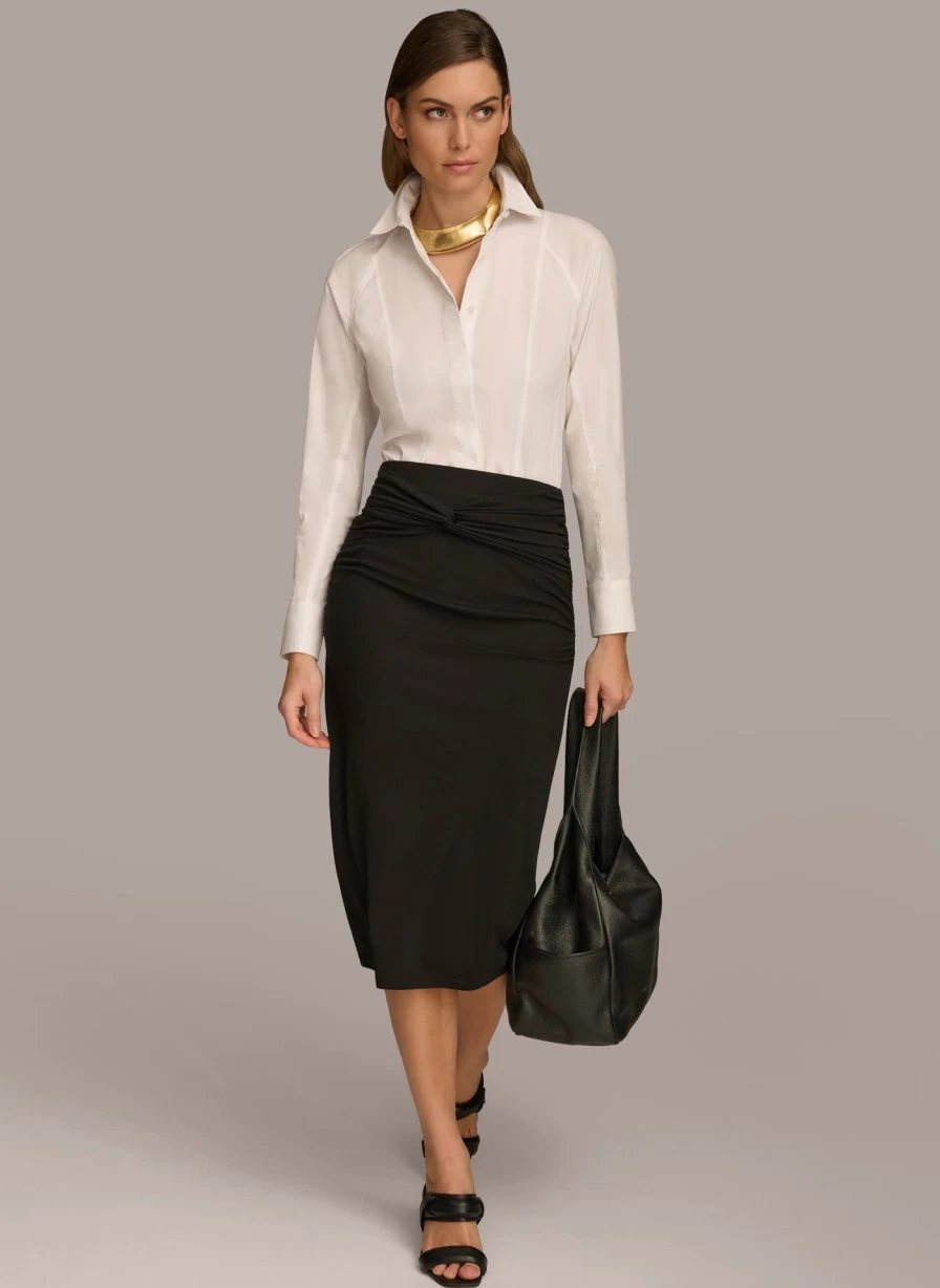 Donna Karan Women's Button-Up Bodysuit - Elegant Stretch Knit Top for Stylish Outfits