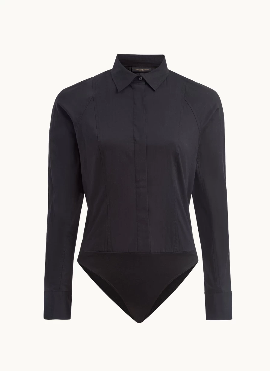 Donna Karan Women's Button-Up Bodysuit - Elegant Stretch Knit Top for Stylish Comfort