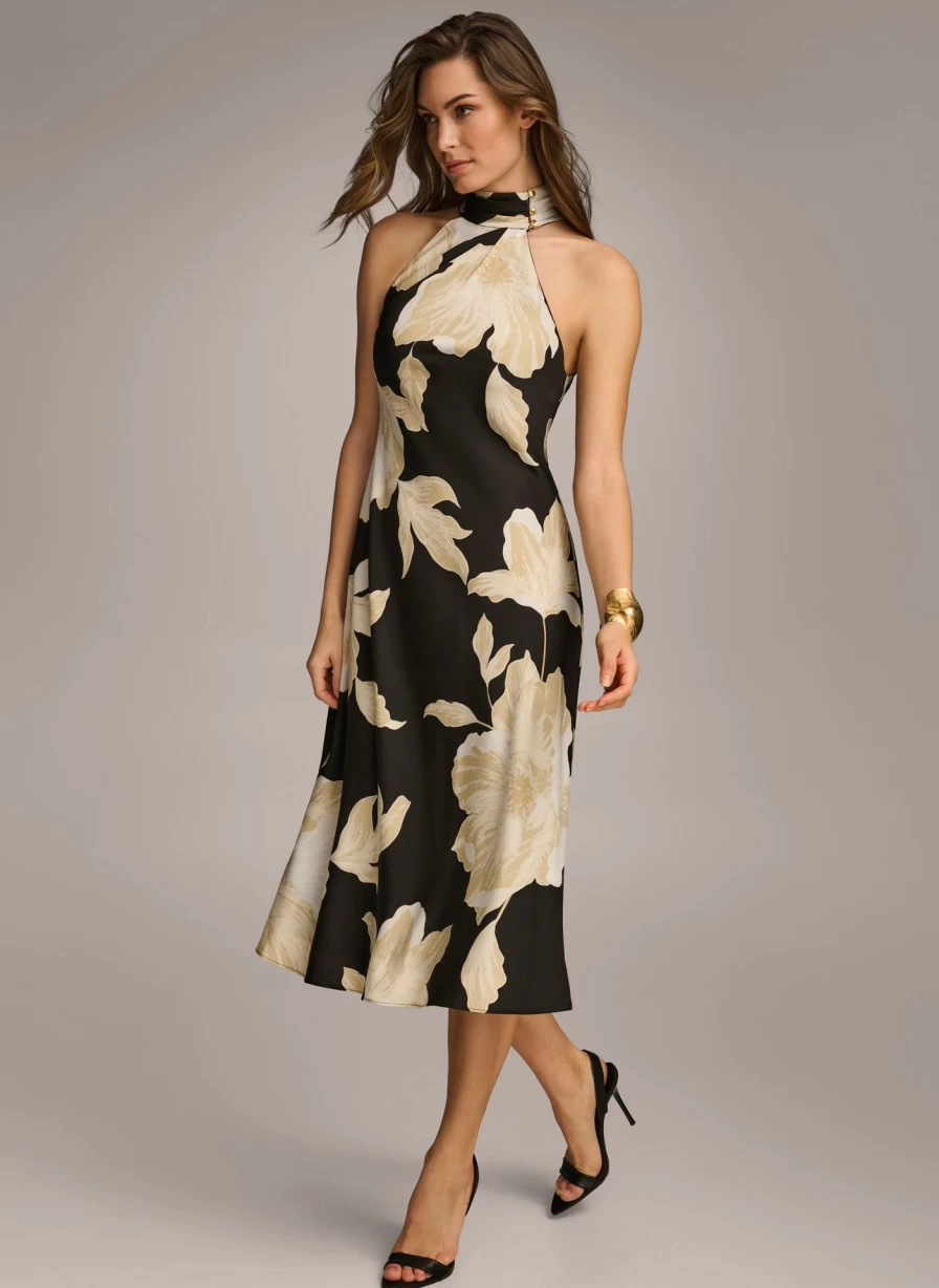 Donna Karan Women's Halter Floral Print Midi Summer Dress - Elegant V-Neck A-Line Beach Dress