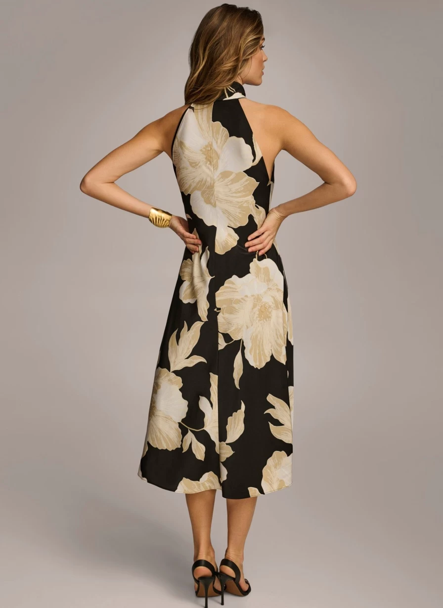 Donna Karan Women's Halter Floral Print Midi Summer Dress - Elegant V-Neck A-Line Beach Dress