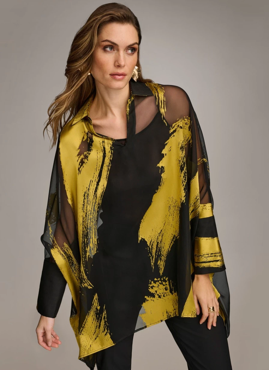 Donna Karan Women's Print Collared Tunic Blouse - Stylish Floral Pattern Top for Casual Wear