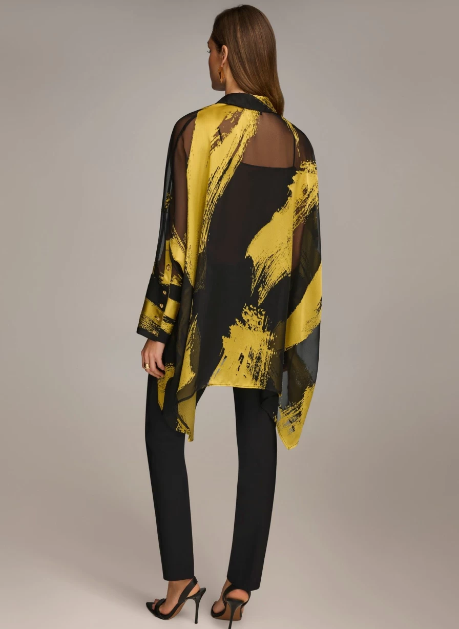 Donna Karan Women's Print Collared Tunic Blouse - Stylish Floral Pattern Top for Casual Wear