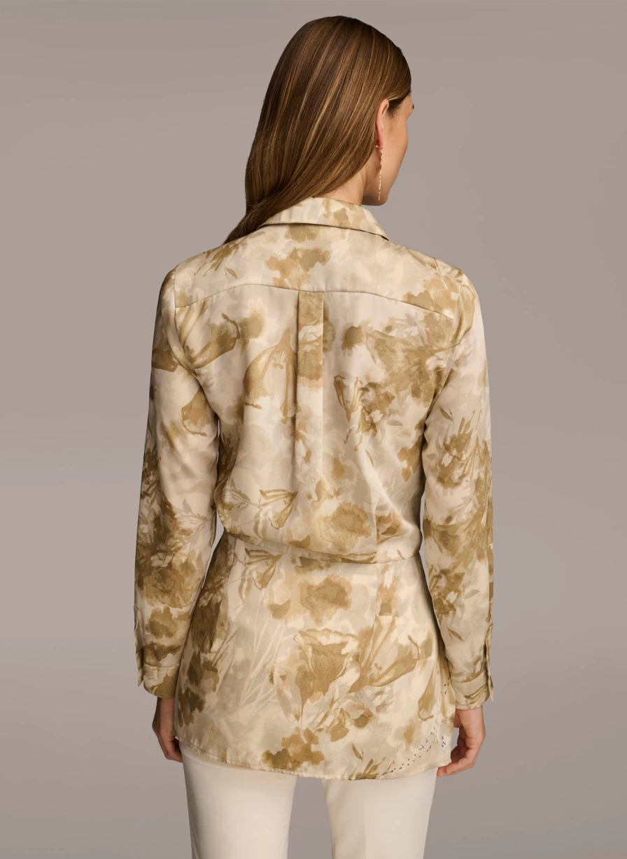 Donna Karan Women's Long Sleeve High-Low Blouse with Waist Tie Detail