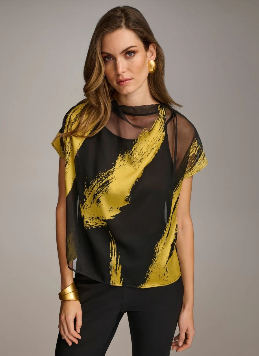 Donna Karan Women's Print Cowl Neck Blouse - Stylish Flowy Tunic Top for Casual Wear