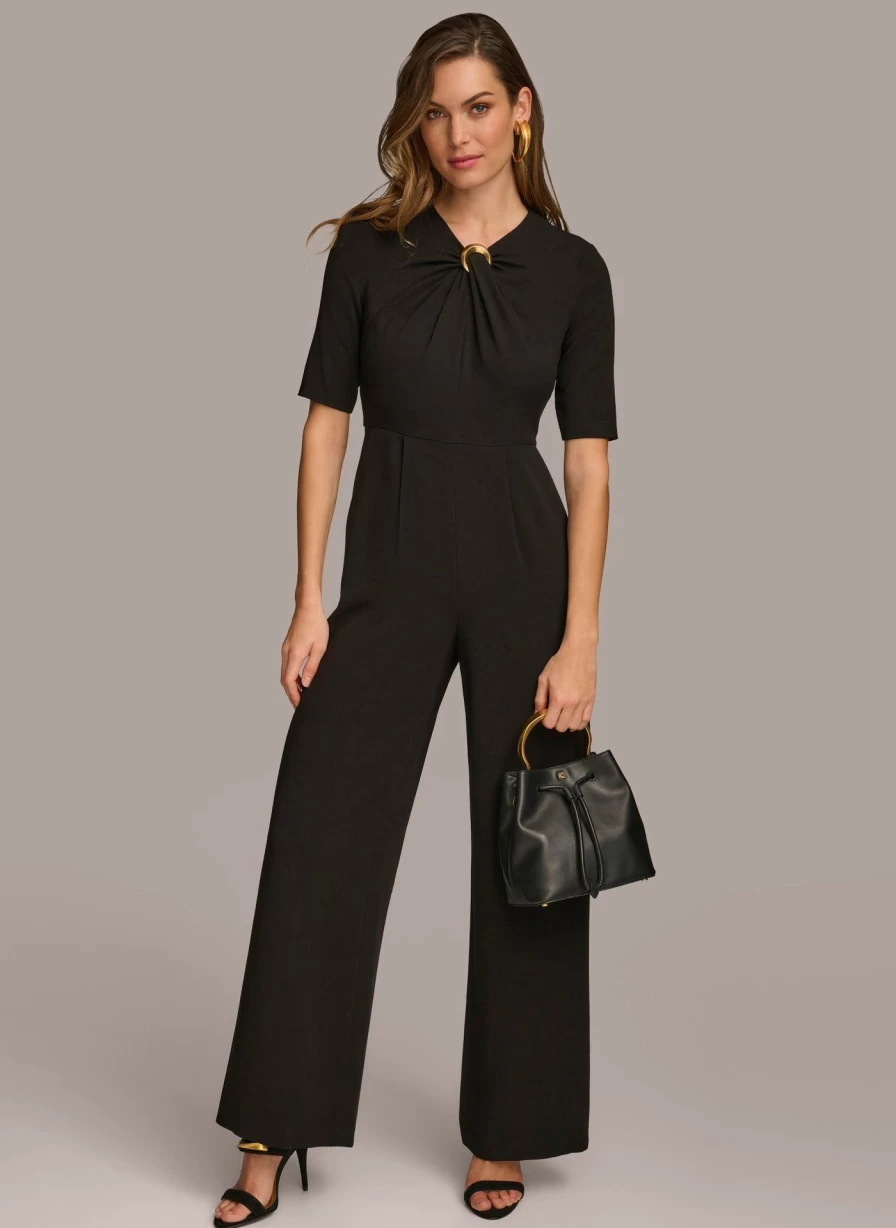 Donna Karan Women's Half Sleeve Twist Neck Jumpsuit - Stylish Casual Romper for Women