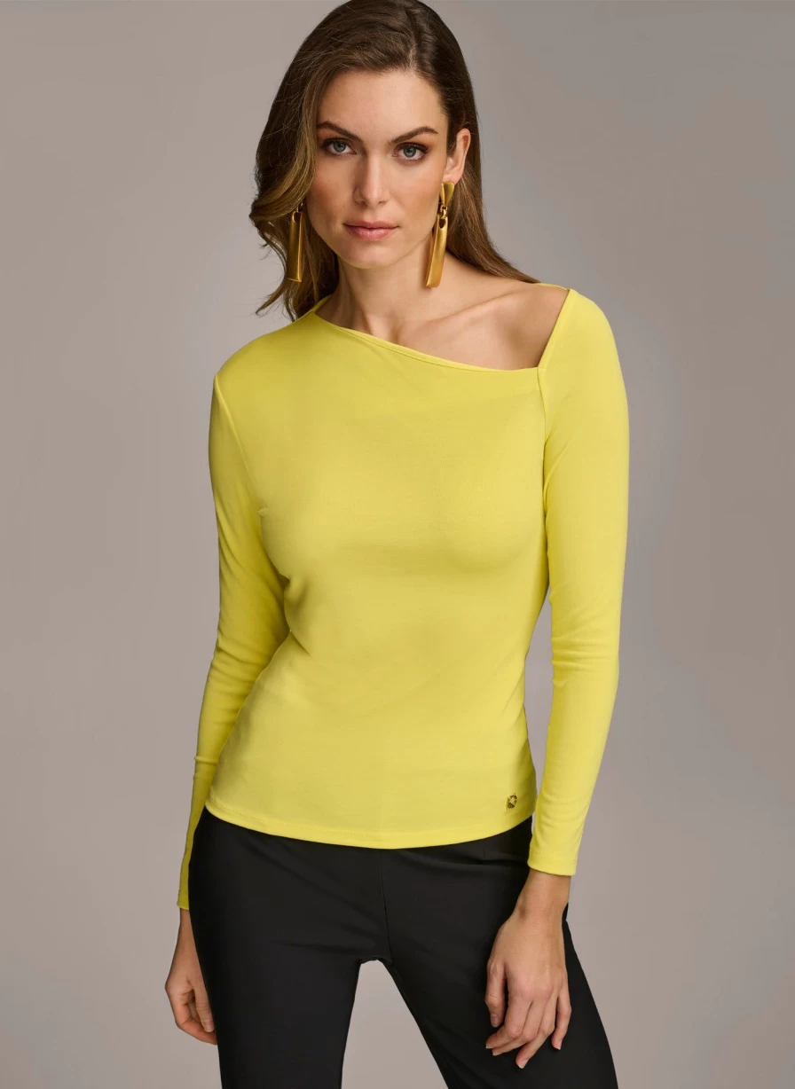 Donna Karan Women's Asymmetrical Neckline Fitted Top - Slim Fit Stylish Blouse